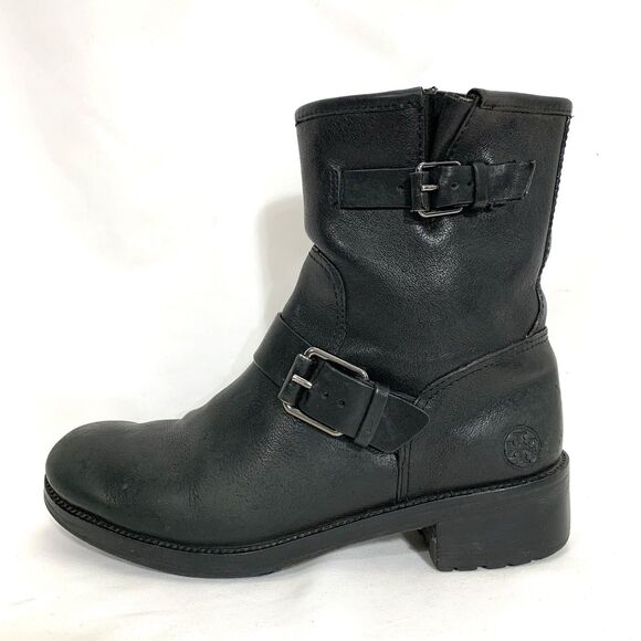 TORY BURCH LEATHER ANKLE BOOTIES BLACK ZIP-UP STRAP BUCKLE BOOTS SIZE 8.5 - Picture 2 of 15